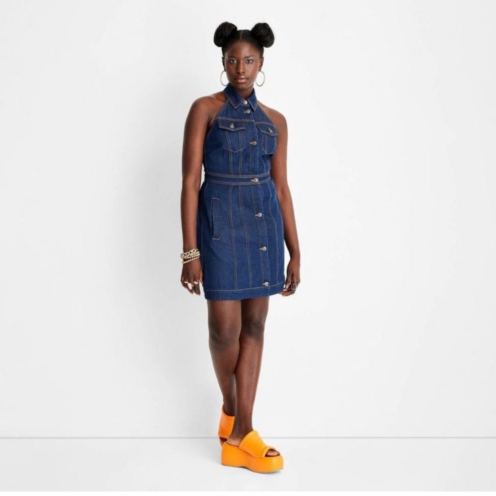 NWT Halter Button Up Denim Mini Dress Size 12